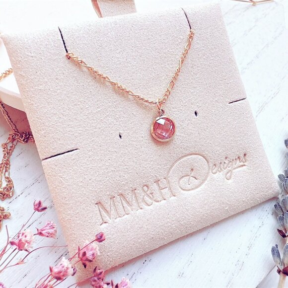 New Dainty Mini Pink Cubic Zirconia on 14k Yellow Gold Filled Chain Necklace - Picture 4 of 6